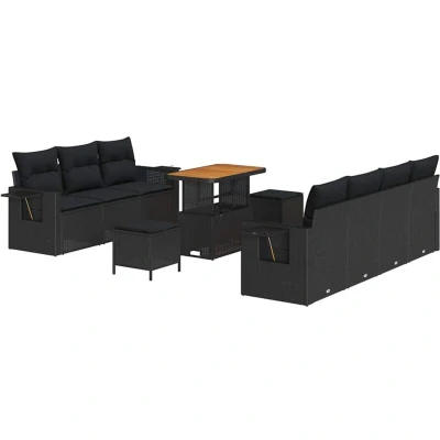 Image of vidaXL 10 Piece Garden Sofa Set with Cushions Black Poly Rattan Acacia