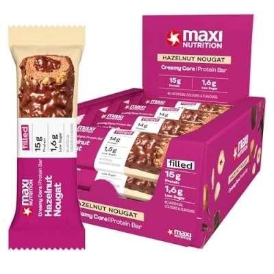 Image of MaxiNutrition Creamy Core Protein Bar High Snack Fat Free, Low in Sugar 14g Hazelnut Nougat, 200 kcal per Serving, 12 x 45g