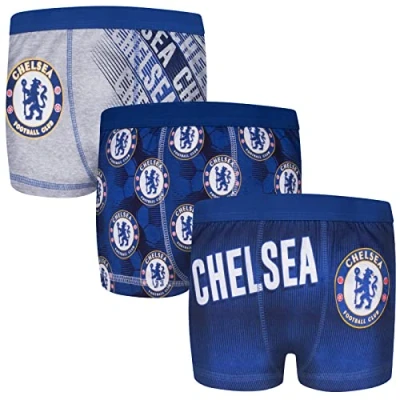 Image of Chelsea FC Official Gift 3 Pack Boys Boxer Shorts Blue Grey 5 6 Years