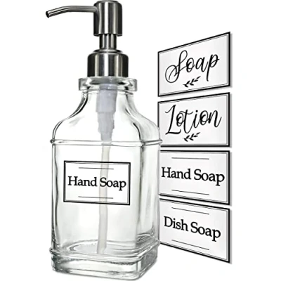Image of JASAI Antique Design Soap Dispenser with Rust Proof 304 Stainless Steel Pump, Refillable Clear Glass 10Pcs Stickers, Premium Kitchen &amp; Bathroom