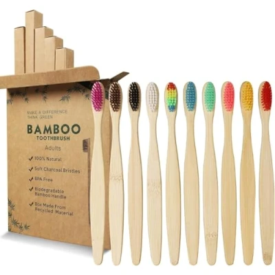 Image of GeekerChip Bamboo Toothbrush,10 Colors Toothbrush,Natural Soft Bristles,Ecological and 100% Biodegradable
