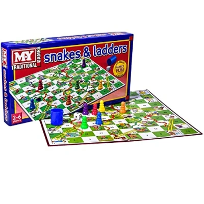 Image of Snakes and Ladders Board Game, Traditional Game for Kids &amp; Adults, Family, Travel, Party Toy 2 6 Players, Includes Counters Dice