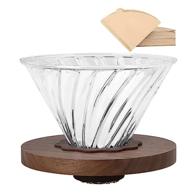 Image of Lalord Pour Over Coffee Dripper with 100 pcs 02 Paper Filter, Borosilicate Glass and Walnut Handle, Hold for 1 4 Cups