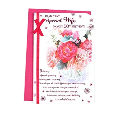 Image of To My Very Special Wife On Your 50th Birthday Card Age 50 Fifty White/Pink Flowers/Words Ribbon/Glitter/Foil Detail(PRELUDE45269)
