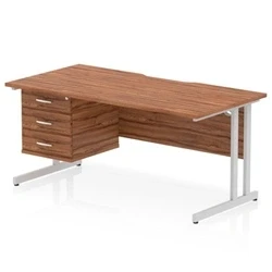 Image of Impulse 1600 x 800mm Scalloped Edge Straight Office Desk Walnut Top Silver Cantilever Leg Workstation 1 3 Drawer Fixed Pedestal
