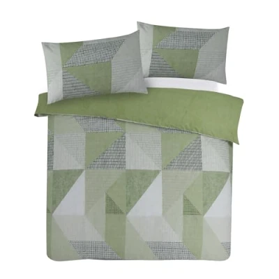 Image of Charlotte Andersen Matrix Geometric Green Grey King Size Duvet Cover Set Reversible Easy Care Cotton Blended Bedding (Green, King)