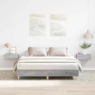 Image of vidaXL Grey Sonoma Bed Frame Double 140x200 cm Modern Engineered Wood Platform with Slatted Base and Eucalyptus Legs for Bedroom
