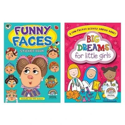 Image of Anilas Set of 2 Funny Faces Sticker Book &amp; Big Dreams for Little Girls Activity Book, Ideal Children Aged 3 8