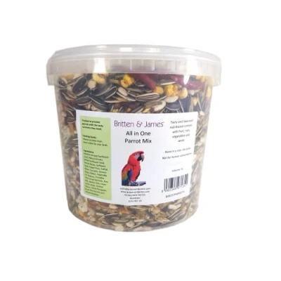 Image of best all in one parrot mix from Britten &amp; James. 5 litre stay fresh tub. This superb has been created with no expense spared to be the very balanced food for your