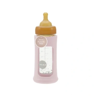 Image of HEVEA Plastic Free Wide Neck Glass Baby Bottle with Sand Sleeve Medium Flow Anti Colic Bottles 3 24 Months Eco Friendly, BPA Free, Single Pack (250 ML)
