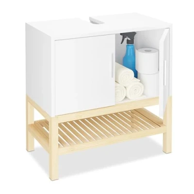Image of Relaxdays Washbasin Base Cabinet with Shelf, HWD: 60.5 x 60 33 cm, Bamboo &amp; MDF, Bathroom Vanity Unit, White/Natural, Fibreboard