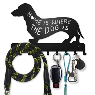 Image of SirHoldeer Dachshund Key and Dog Leash Holder for Wall, Unique Hanger, Decorative Metal Hooks Pet Leashes, Gift Idea Lovers