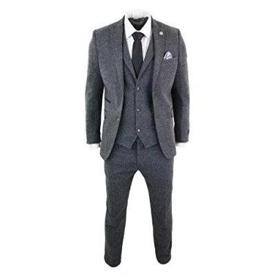 Image of Mens Grey Black 3 Piece Tweed Suit Herringbone Wool Vintage Retro