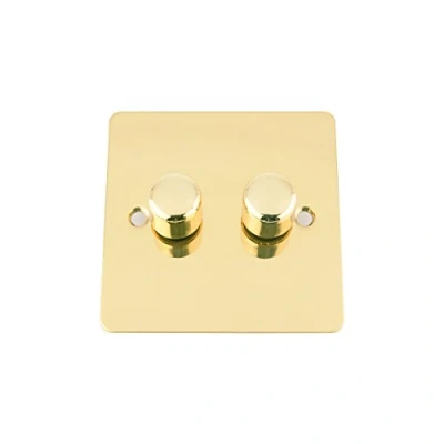 Image of A5 Mains LED Light Dimmer Switch 250W 2 Gang Way Polished Brass Flat Plate