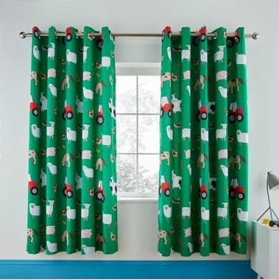 Image of Catherine Lansfield Farmyard Animals 66x72 Inch Fully Reversible Eyelet Curtains Two Panels Green