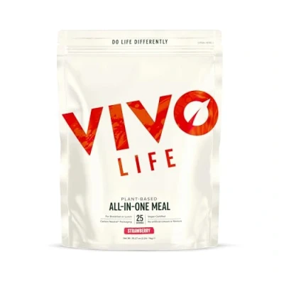 Image of Vivo life Vegan All in One Meal Replacement Shake with 21g Protein, Multivitamins &amp; Minerals, Gut Friendly Bacteria Electrolytes 1kg, 25 Servings, Strawberry