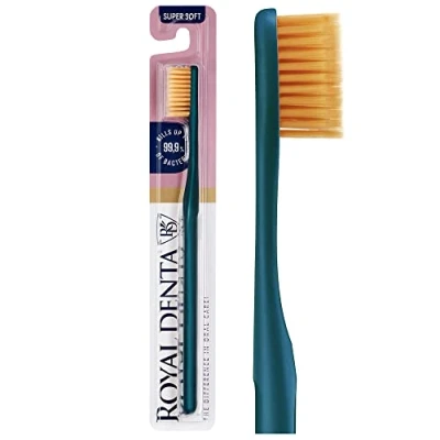 Image of Royal Denta Super Soft Toothbrush for Adults, Extra Flossing Toothbrush, Gold Particles to Prevent Bacteria, Metallic Green