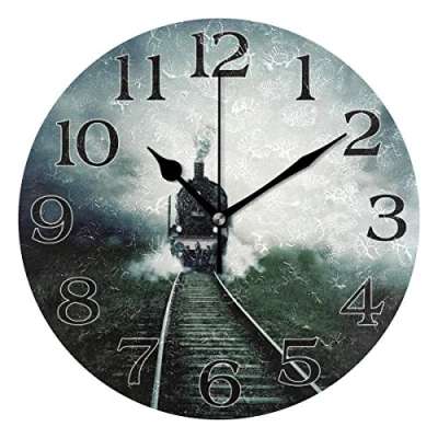 Image of linomo Vintage Steam Train Wall Clock Decor, Silent Non Ticking Round Quiet for Kitchen Living Room Bedroom Bathroom Office