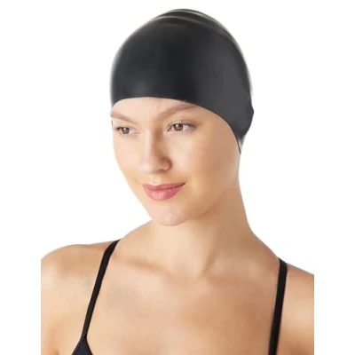 Image of Amazon Basics Unisex Wrinkle Free Silicone Swim Caps, One Size, Black