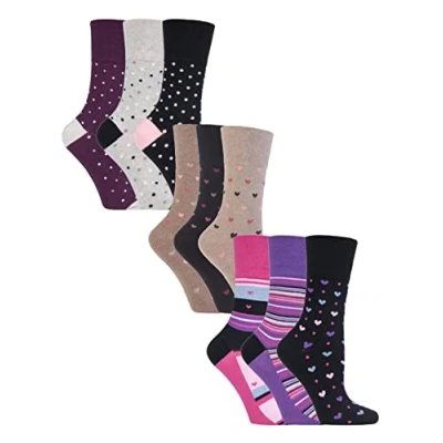 Image of Gentle Grip 9 Pair Multipack Ladies Cotton Crew Non Elastic Socks Womens Soft Top Striped Patterned Binding (4 8, Heart Mix)