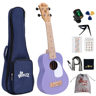 Image of Winzz Kids Ukulele, Soprano Ukulele Beginners Set for Adults, Childs Starter Kit with 9 Accessories, 21 Inches Gifts, Purple Colour