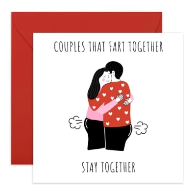 Image of Funny Love Card &#039;Fart Together&#039; Gifts for Him, Her, Babe, Girlfriend, Boyfriend, Husband, Wife, Spouse Valentines Day Farting Couple Comes with Fun Stickers