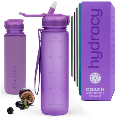 Image of Hydracy Water Bottle with Times to Drink &amp; Straw Large 1 Litre BPA Free Motivational No Sweat Sleeve Leak Proof Gym Time Marker Ideal for Fitness, Sports Outdoors