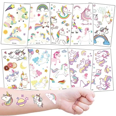 Image of Unicorn Temporary Tattoo 10 Sheets for Kids, Waterproof Transfer Tattoos Children Birthday Party Favors Bags Fillers
