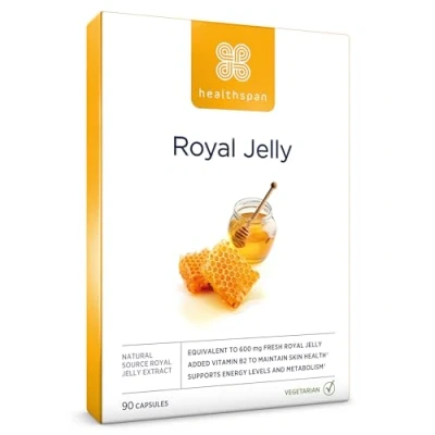 Image of Healthspan Royal Jelly 600mg (90 Capsules) Reduce Tiredness &amp; Fatigue Added Vitamin B2 to Support Energy Levels Protect Against Oxidative Stress Minimum 6% HDA Fatty Acids Vegetarian