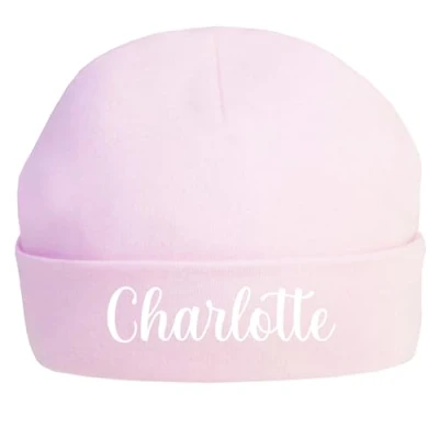 Image of Kids Essentials Personalised Baby Girl Boy Newborn Hat Beanie Cotton Pink Blue White (Pink, Newborn)