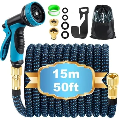 Image of Expandable Garden Hose Pipe 15m 50ft, Hosepipes for Water with 10 Functions Spray Gun, 3/4&quot; 1/2&quot; Connector, Expanding Magic Retractable Flexible Gardening Car Washing