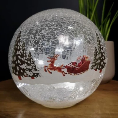 Image of Samuel ALEXANDER 20cm Battery Operated Warm White LED Crackle Effect Ball Christmas Decoration with Reindeer and Sleigh