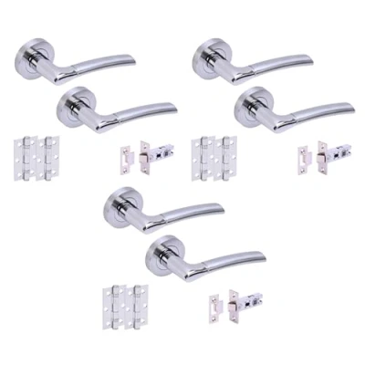 Image of HANDLEZONE® 3 Sets Columba Premium Internal Door Handles on Rose Lever Latch Packs with 75mm Ball Bearing Hinges and 76mm Latches Dual Polished/Satin Chrome