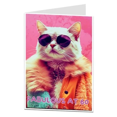 Image of Funny 60th Birthday Card For Women Female Fabulous At 60 Cat Design Perfect Best Friends Mum Sister Auntie Gran Nan