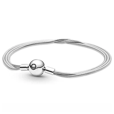 Image of QPASRLAL Bracelet Multi Three Thin Snake Chain Ball Clasp 925 Silver Fit Fashion Bangle Bead Charm Diy Jewelry Bracelet(Silver,18cm)