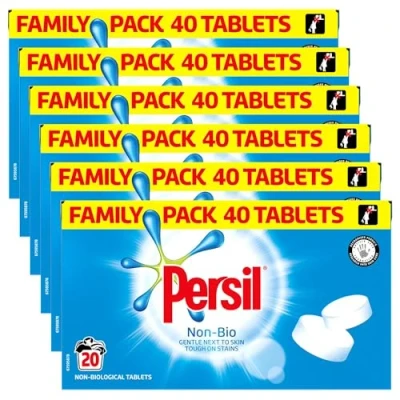Image of Persil Laundry Tablets Family Pack Gentle next to Skin Touch on Stains New Concentrated Formula for Effortless Laundry, Non Bio 40 tablets, 20 Wash 1.2KG of 6