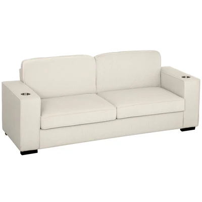 Image of HOMCOM Modern 3 Seater Sofa with Spring Cushion, 210 cm Fabric Couch Cup Holders, Upholstered Settee for Living Room, Bedroom, Home Office, Cream White