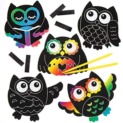 Image of Baker Ross AR623 Owl Scratch Art Magnets Kits, Arts and Crafts for Kids to Decorate Display (Pack of 10)
