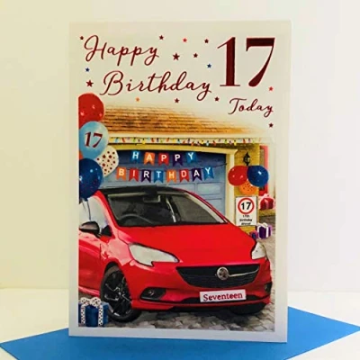 Image of ICG Happy Birthday 17 Today Card Red Car Balloons Banner