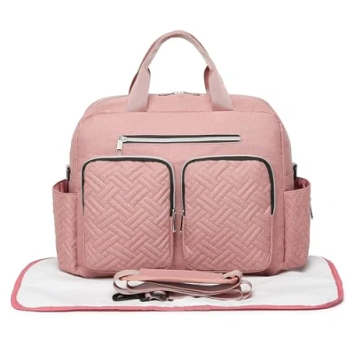 Image of Kono Baby Changing Bag Weekender Travel Nappy Tote for Mom and Dad Convertible Messenger with Insulated Pockets (Large Mat Pink)