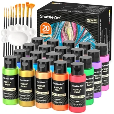 Image of Shuttle Art Metallic Acrylic Paints Set, 20 Colours Paint in Bottles (60ml, 2oz) with 10 Brushes and Palette, Rich Pigments, Non Toxic for Artists, Beginners on Rocks Crafts CanvasWood Fabric