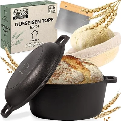 Image of Chefarone Cast Iron Pot 2 in 1 with Proofing Basket and Dough Scraper. Bread Baking Mould Lid, 4.6 Litres, Roasting Dish Oven Safe, Pot, at Home, Pan