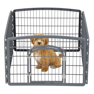 Image of IRIS USA 24&quot; Exercise 4 Panel Pet Playpen with Door, Dog Playpen, Puppy Small and Medium Dogs, Keep Pets Secure, Easy Assemble, Rust Free, Heavy Duty Molded Plastic, Customizable, Gray