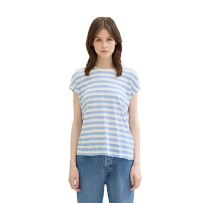 Image of TOM TAILOR Denim Women&#039;s 1041408 Basic T Shirt with Stripes, 35332 Mid Blue White, M