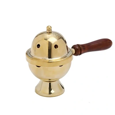 Image of NKlaus Incense Burner with Wooden Handle Inner Bowl Gold Brass Deco 7553