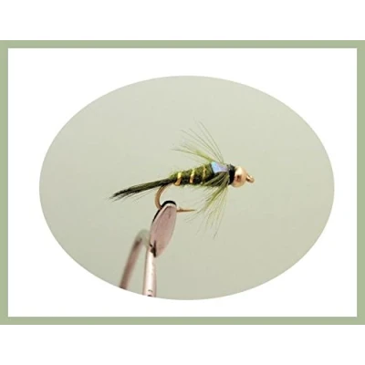 Image of 12 Pack of Gold Bead Flash Head Olive Nymph Fishing Flies, Mixed Size 10/12/14 &amp; 16
