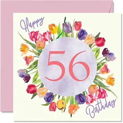 Image of Beautiful 56th Birthday Cards for Women Watercolour Tulips Flowers Bouquet Happy Card Her Grandma Nanny Gran Mum Gifts, 145mm x Lovely Floral Greeting Gift