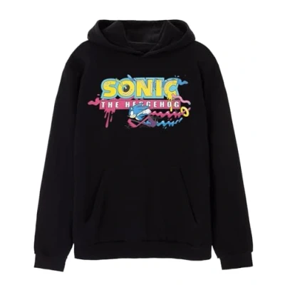 Image of SONIC THE HEDGEHOG Mens Hoodie Black Logo Graphic Hooded Sweatshirt for Adults Relaxed Fit Classic 90s Gaming Apparel Warm &amp; Nostalgic Hoody Gift Him