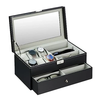 Image of Relaxdays Jewellery Box, Large Organiser with Drawer, Storage for Glasses &amp; Watches, Holder, 15.5 x 33.5 19 cm, Black, fibreboard 40% Plastic 20% Cotton