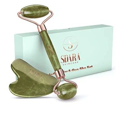 Image of Sdara Gua Sha Stone and Jade Roller Set Face Massager to Reduce Puffiness Stimulate Circulation Skincare Tools